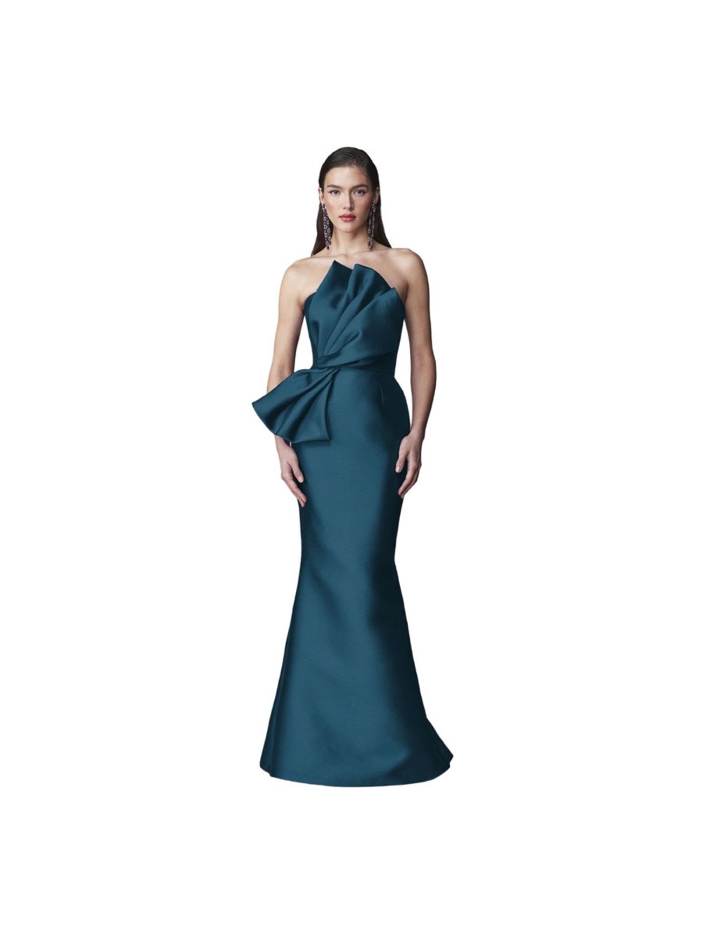 Frascara Strapless Teal Evening Gown with Draped Bow Waist Size 8